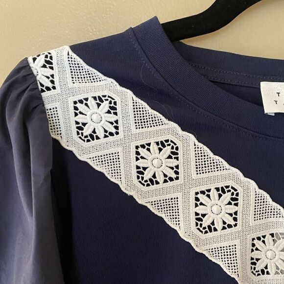 Tanya Taylor Sz M Dress Kirstie Navy Mini Lace Trim Poplin Puff Sleeve NWT $445 - Picture 5 of 9